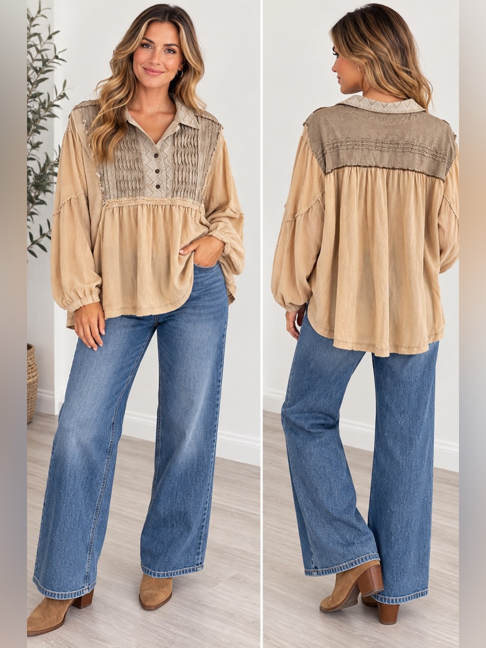 We The Free BOHO Peasant Blouse in Tan Size Large